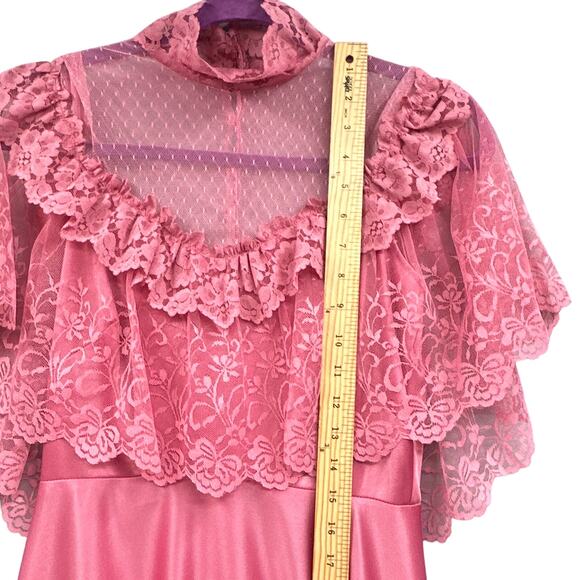 VTG 70s Maxi Dress Sz M Pink Edwardian Boho Prairie Cottagecore Lace Prom Hippie - Picture 11 of 16